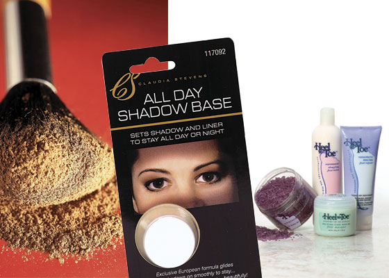 OVER-THE-COUNTER THERAPEUTICS: An easy way to achieve a sun-free tan is to use a powder bronzer applied with a blush brush (above left). As its name claims, the All Day Shadow Base (above center) works throughout the day to keep your eye shadow and liner looking fresh. The bottom line on intensive foot care is this pedicure system (above right) that includes a pair of overnight socks to lock in the effectiveness of moisture-intensive cream.