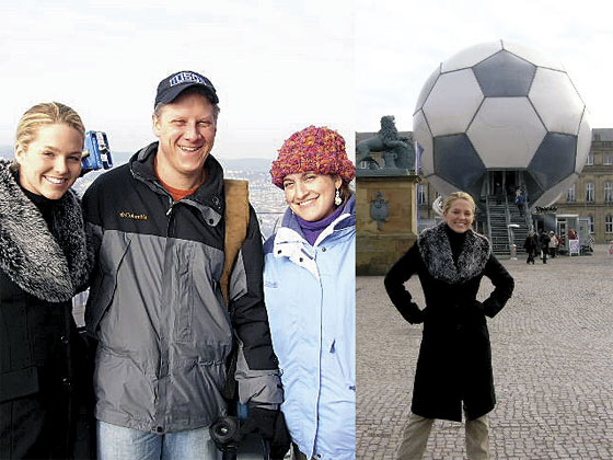 I’M STILL ON TOP OF THE WORLD: This is me, IMC videographer Peter Barossi, and Miss Universe Organization Talent Development Manager Susie Dicker (L-R) standing  718 feet above it all at the top of the TV Tower in Degerloch, near Stuttgart, Germany. OLD IS “NEW:” This portrait was taken in front of the “New Castle,” built in 1487, in the center of downtown Stuttgart.