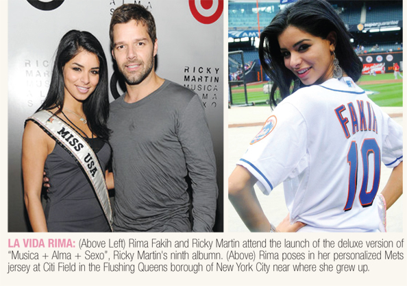 Miss USA Rima Fakih with Ricky Martin and in personalized Mets jersey