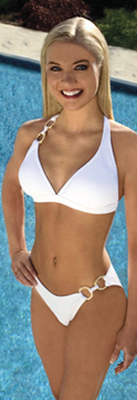 Model wearing white bikini by Jamye Shaw