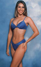 Model wearing blue bikini by Lady M Swimwear