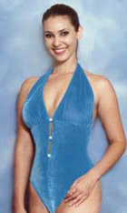Model wearing blue swimsuit by Lady M Swimwear