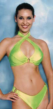 Model wearing green bikini by Lady M Swimwear