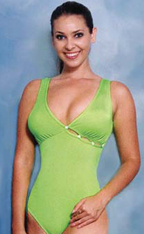 Model wearing neon green swimsuit by Lady M Swimwear