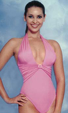 Model wearing pink swimsuit by Lady M Swimwear