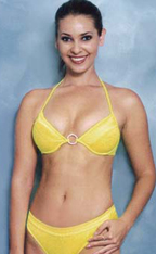 Model wearing yellow bikini by Lady M Swimwear