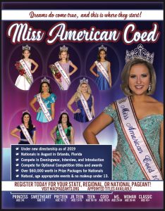 Miss American Coed is a national pageant cosnsiditog of eight age divisions competing for the titles of Miss Amwerican Coed and Miss Americ an Coed National Voctory.
