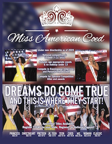 Miss American Coed is a national pageant cosnsiditog of eight age divisions competing for the titles of Miss Amwerican Coed and Miss Americ an Coed National Voctory.